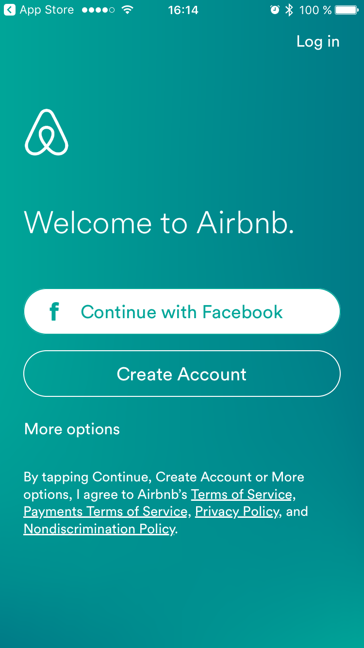 Airbnb přihlašovací obrazovka